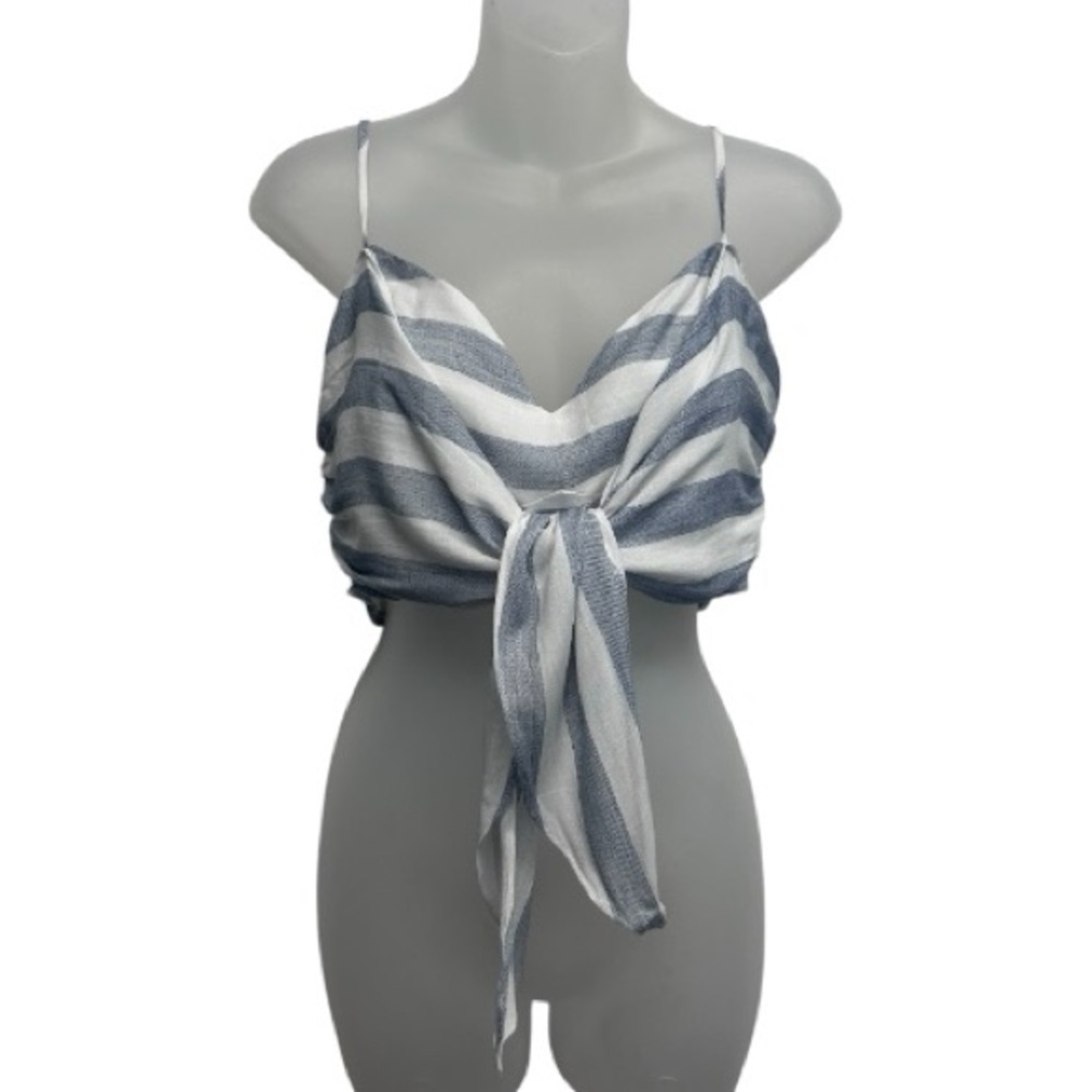 Luxxel Blue and White Striped Tie Front Crop Top Spaghetti Strap Women’s Size L